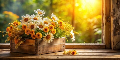 Rustic Wooden Box Overflowing with a Vibrant Summer Bouquet of Daisies and Yellow Flowers, Sunlight Streaming Through a Window