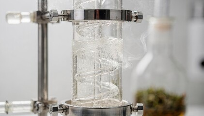Close view of glass distillation column with steam gently rising isolating fine essential oils from botanical raw materials in a laboratory setting with focused extraction