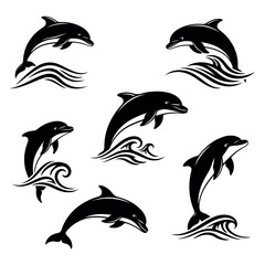 Collection of jumping dolphins in various dynamic poses. © Agus