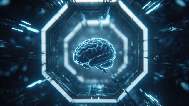 Digital Brain: A mesmerizing 3D rendering of a luminous brain floating within an abstract, futuristic structure. Explore the realm of thought. - Powered by Adobe