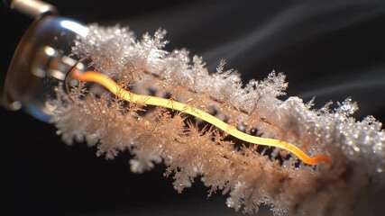 Glowing Wire Inside Crystal Formation Closeup.