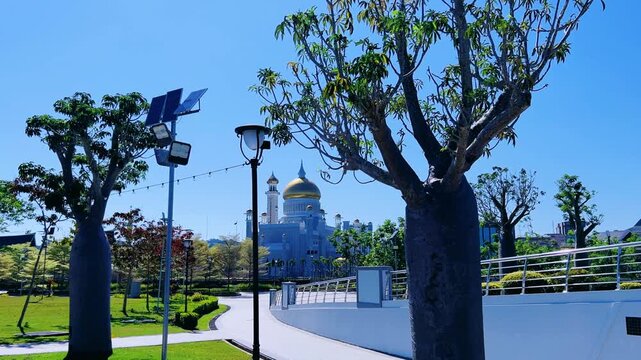 Brunei Darussalam - June 25, 2025: Sultan Omar Ali Saifuddin Mosque in Bandar Seri Begawan. Mosque with baobab trees in the foreground. Mosque facade and dome in sunlight. 4К