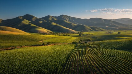 Obraz premium Vineyard Landscape with Mountain Range: A breathtaking panoramic view of a vast vineyard, stretching across rolling hills.