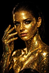 Artistic studio portrait of a woman covered in golden glitter body paint, expressing luxury, glamour, beauty, and creative fashion aesthetics.