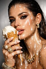 A glamorous woman with wet hair and gold jewelry poses with a melting white ice cream cone dripping on her skin.
