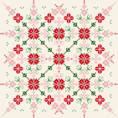 Geometric pixel art pattern. Abstract pixel art geometric ethnic pattern design for fabric, carpet, tile, rug, clothing, embroidery, needlepoint and background. Vector pixel art seamless motif ethnic