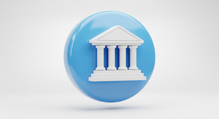3D Bank Building Icon with Glossy Blue Button Style on Transparent Background
