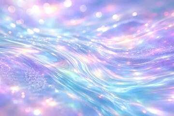 This captivating image showcases a mesmerizing holographic liquid surface, adorned with shimmering glitter and soft bokeh lights, creating a truly ethereal and dreamlike visual experience.