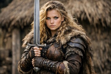 A captivating portrait of a fierce blonde warrior woman, clad in detailed fur and leather armor, holding a formidable sword with a determined expression, set against a rustic, blurred background.