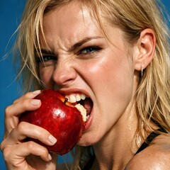 A blonde woman with an intense expression is captured in a close-up as she takes a large, vigorous bite out of a bright red apple against a clear blue background.