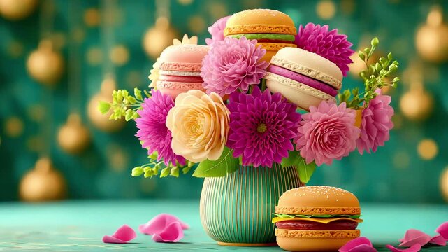 Colorful bouquet of flowers and macarons in decorative vase  