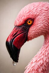 A striking close-up portrait captures the intricate details of a pink flamingo's head and neck, featuring its vibrant orange eye and a water droplet suspended from its distinctive black and red beak.