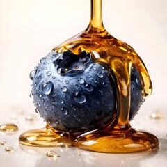 A macro shot of a fresh blueberry covered in water droplets with golden honey dripping over its surface.