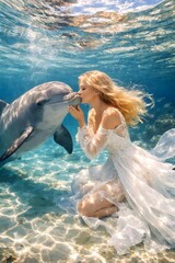 A beautiful blonde woman in a flowing white dress kneels on the sandy ocean floor, sharing a tender kiss with a friendly dolphin in crystal-clear, sunlit waters.