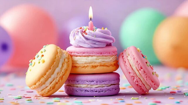 Colorful macarons with birthday candle and festive decorations  