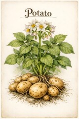 A detailed vintage botanical illustration of a potato plant showing its tubers, roots, and white flowers.