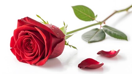 Stunning Single Red Rose with Water Droplets on White Background