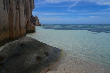 Day view of the Anse Source d Argent beach with its granite boulders on La Digue island in the Seychelles, one of the most beautiful beaches in the world