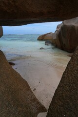 Day view of the Anse Source d Argent beach with its granite boulders on La Digue island in the Seychelles, one of the most beautiful beaches in the world