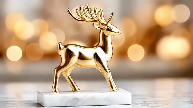 Golden deer figurine on marble base with blurred background  