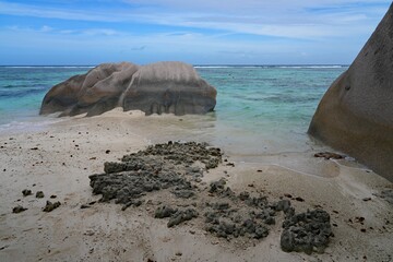 Day view of the Anse Source d Argent beach with its granite boulders on La Digue island in the Seychelles, one of the most beautiful beaches in the world