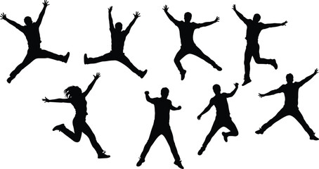 Energetic jumping silhouettes, group of people leaping, celebratory active figures, dynamic motion burst, joyful freedom expression, fitness dance jump vector illustration