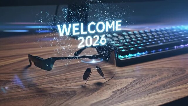 Futuristic AR Glasses Projecting Holographic Welcome 2026 Message on Wooden Desk