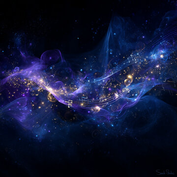 Abstract musical notes and staff flowing with blue and purple nebula waves in space, Magic fantasy background, Generative AI (宇宙空間で青と紫の星雲の波と共に流れる抽象的な音符と五線譜、魔法のファンタジー背景、AI生成)