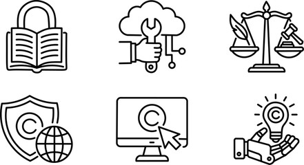 Copyright protection icons set showcasing intellectual property. Minimalist black outline vector illustration