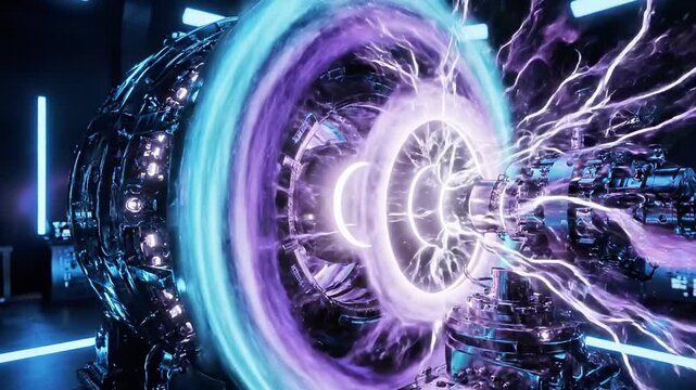 A futuristic engine with vibrant purple and blue lights and a glowing core