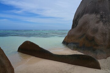 Day view of the Anse Source d Argent beach with its granite boulders on La Digue island in the Seychelles, one of the most beautiful beaches in the world