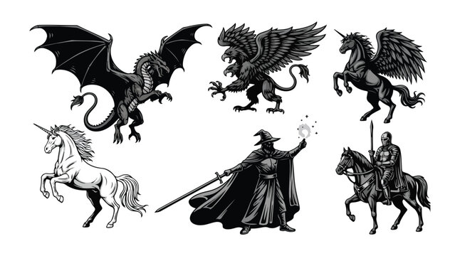 Fantasy Mythical Creatures and Characters Set with Dragon, Wizard, and Pegasus