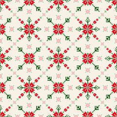 Geometric pixel art pattern. Abstract pixel art geometric ethnic pattern design for fabric, carpet, tile, rug, clothing, embroidery, needlepoint and background. Vector pixel art seamless motif ethnic