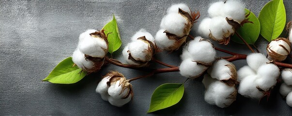 Fototapeta premium Cotton bolls on a branch with green leaves displayed on a textured gray surface