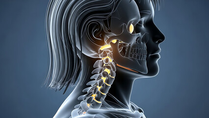 Human Skull and Cervical Spine, Medical Illustration, Dark Background, Educational Concept
