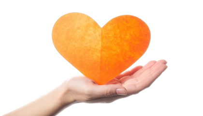 Hand gently holds a bright orange heart, suggesting care and love