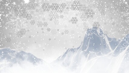 Winter blank background features falling snow and bright snowflakes, creating a perfect sale banner with frosted mountains.