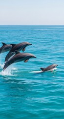 Obraz premium A pod of dolphins leaping and swimming in the bright blue ocean water under a clear sky.