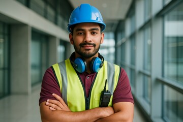 Confident construction worker in safety gear standing indoors with arms crossed, showcasing modern industrial lifestyle and professionalism concept. Ai generative