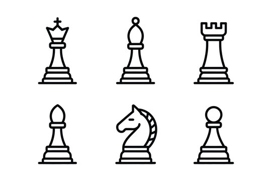 Strategic chess pieces and board game line icon set