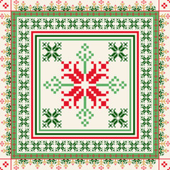 Geometric pixel art pattern. Abstract pixel art geometric ethnic pattern design for fabric, carpet, tile, rug, clothing, embroidery, needlepoint and background. Vector pixel art seamless motif ethnic