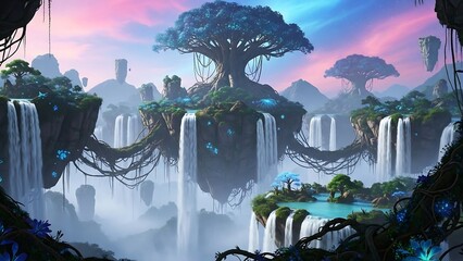 Fantasy Landscape with Waterfalls and Floating Islands.