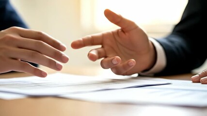Two hands engaged in a business discussion over documents on a table, emphasizing collaboration and communication.