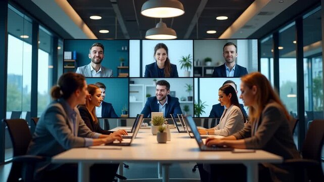 group of professionals participates in online meeting via video conference. modern office setting in virtual workspace. team of professionals engages in virtual meeting, person displayed on screen.
