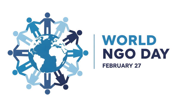 World ngo day celebration with people surrounding a globe illustration