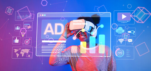 A young woman explores the world of digital marketing through virtual reality, showcasing a blend of technology, engagement, and data visualization elements essential for modern advertising. XDMCP