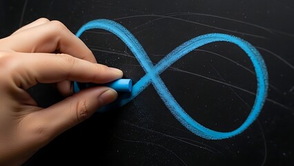 Close-up of a human hand drawing the mathematical symbol for infinity with vibrant blue chalk on a dark chalkboard, representing endless possibilities, continuous learning, and boundless potential