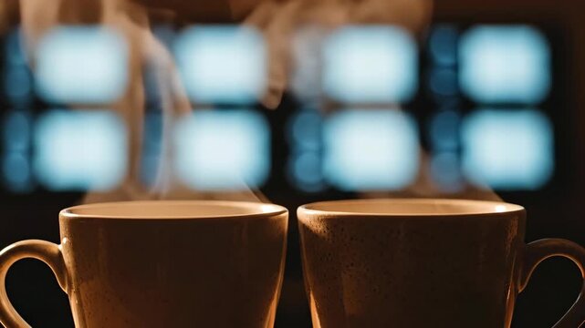 Two steaming cups of coffee ready to provide warmth and comfort, set against a blurred background of cool hues.