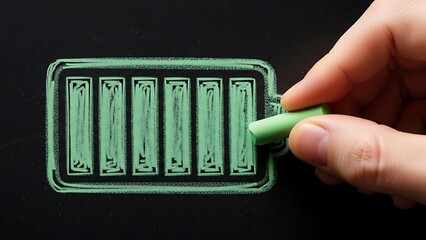 Vibrant green chalk illustration of a fully charged battery icon on a dark background, symbolizing complete energy, sustainable power, and readiness for optimal performance