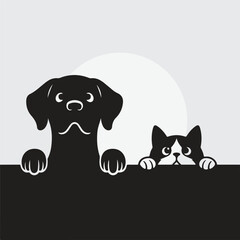 Minimal black silhouette of a cute dog and cat peeking over an edge with paws visible. Vector sticker design